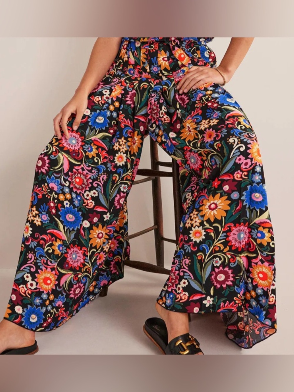 Boden Black Wide-Leg Floral Palazzo Pants Women’s 12 Pleated Boho Cottagecore
